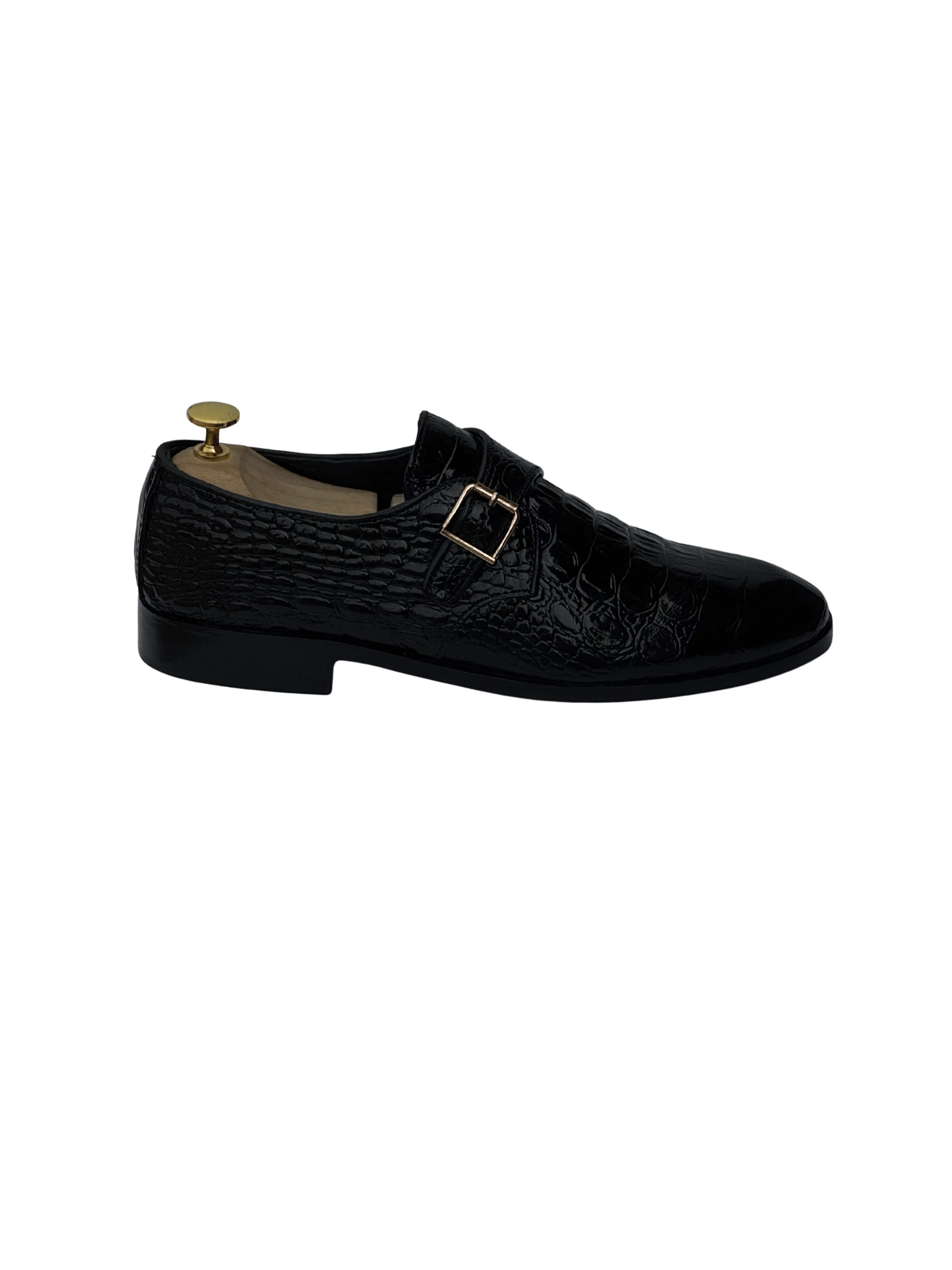 Premium Crocodile Leather Side Monk - Black Shoe